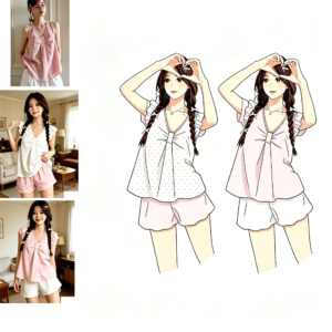 1: WM-H991 V-neck bow-detail cap-sleeve shorts set