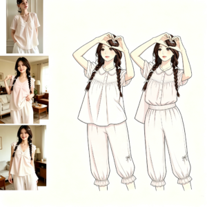 2: WM-H992 Petite-collar short-sleeved top and three-quarter-length trousers loungewear set