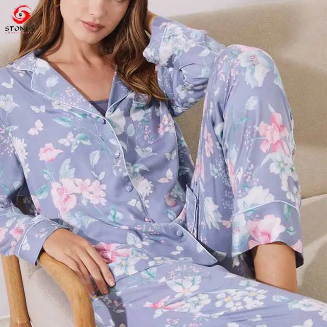 Women's Pajamas Sets 2pcs Solid Design Woven Comfort-Fit Breathable Long Sleeve Trousers Sleepwear Spring Summer - Image 3