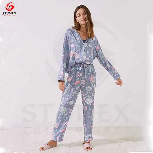 Women's Pajamas Sets 2pcs Solid Design Woven Comfort-Fit Breathable Long Sleeve Trousers Sleepwear Spring Summer - Image 6