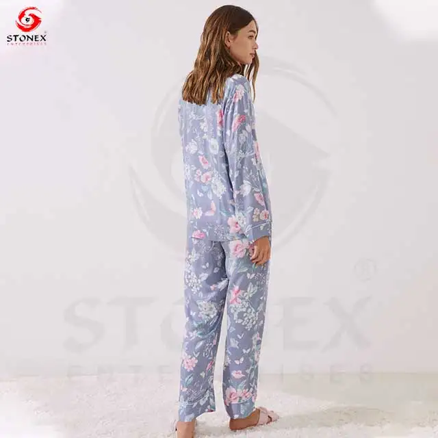 Women's Pajamas Sets 2pcs Solid Design Woven Comfort-Fit Breathable Long Sleeve Trousers Sleepwear Spring Summer - Image 2