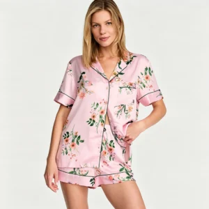 Custom Summer Short Pyjama Women's oversize Sleepwear Floral Print Luxury Contrast Piping Satin Pajamas set for Women